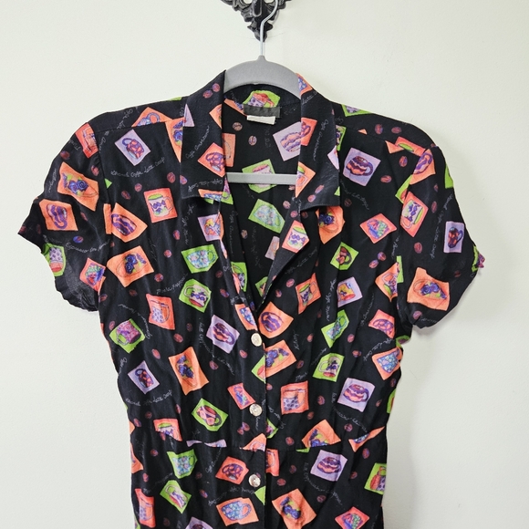 Vintage 90s Anxiety Button Front Dress Size M/L Coffee Cup Print Short Sleeve - Picture 4 of 7